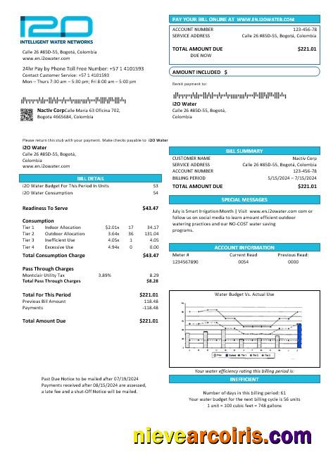 Colombia i2O Water business utility bill